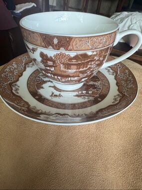 Gracie China-Brown Willow- Brown Scenic Porcelain Teacup and Saucer Set -